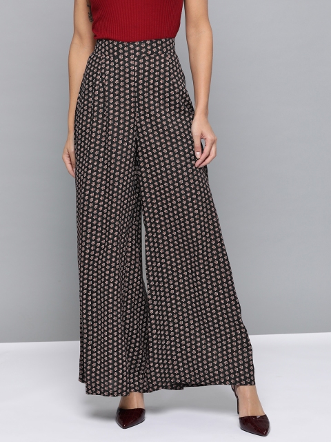 

HERE&NOW Women Black & Maroon Printed Wide Leg Palazzos