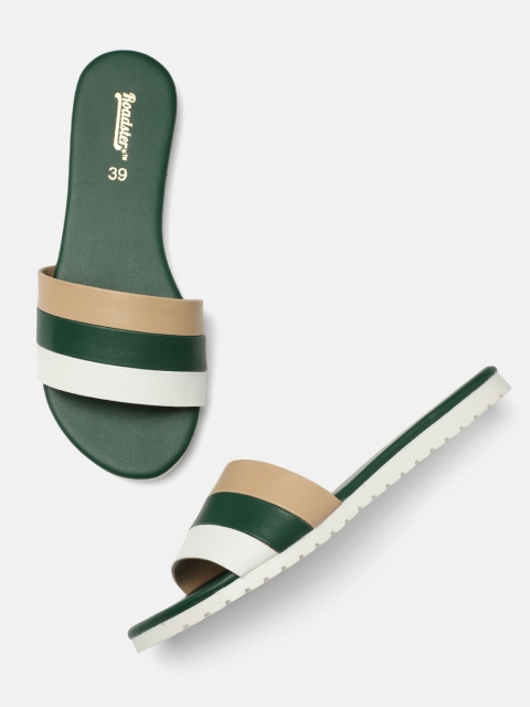 

Roadster Women Green & White Colourblocked Open Toe Flats