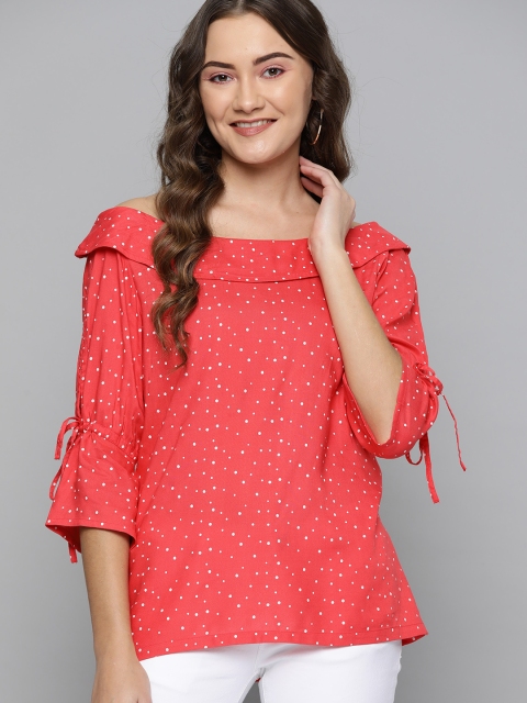 

HERE&NOW Women Pink & White Off-Shoulder Printed Top