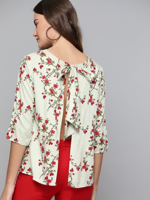 

HERE&NOW Women Green & Red Floral Printed Styled Back Top