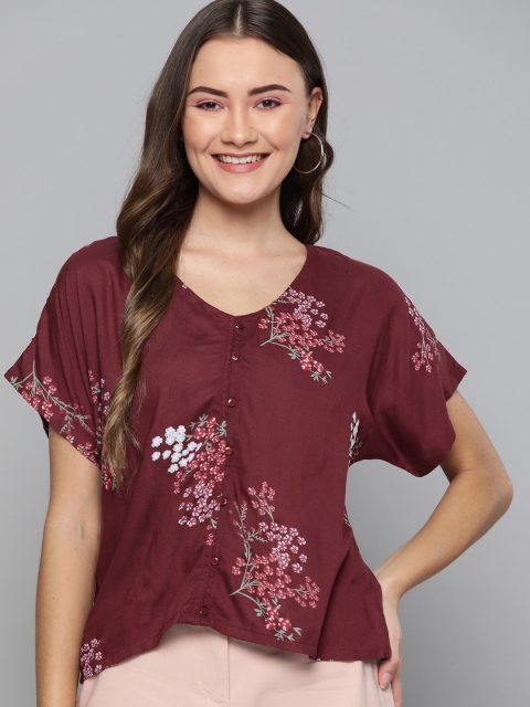 

HERE&NOW Women Maroon Floral Print Boxy Top