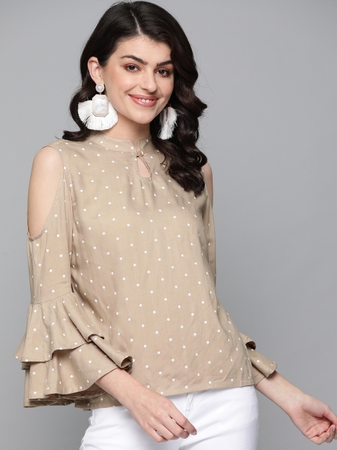 

HERE&NOW Women Beige & White Polka Dot Printed Top