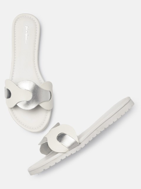 

Mast & Harbour Women White & Silver-Toned Colourblocked Open Toe Flats