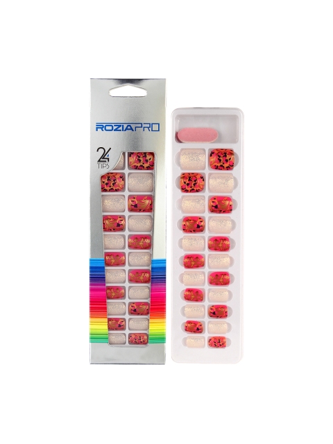 

Rozia Set of 24 Pieces Artificial Nail Art Kit with Glue, Pink