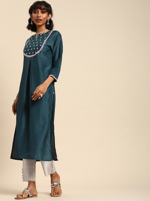 

Varanga Women Teal Blue & Silver-Coloured Embroidered Kurta with Trousers