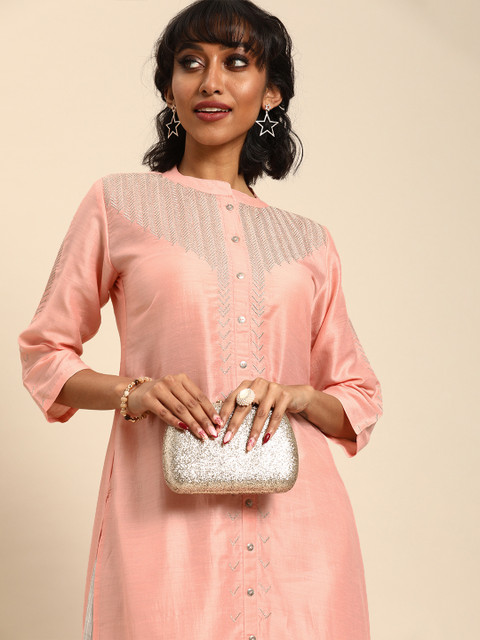 

Varanga Women Pink & Off-White Embroidered Kurta with Trousers