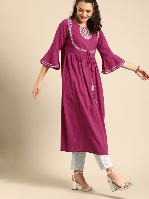 

Varanga Women Fuchsia & Grey Solid Kurta Set With Zari Embroidery