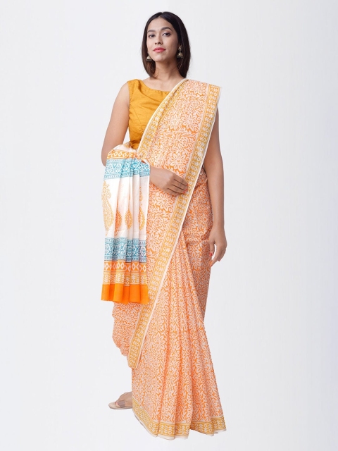 

Unnati Silks Orange & White Hand Block Print Pure Kerala Cotton Sustainable Saree