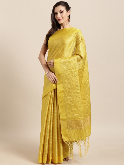

GoSriKi Yellow & Golden Silk Blend Checked Tussar Saree