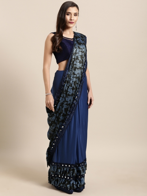 

GoSriKi Blue & Black Silk Blend Printed Ruffled Saree with Mirror Work