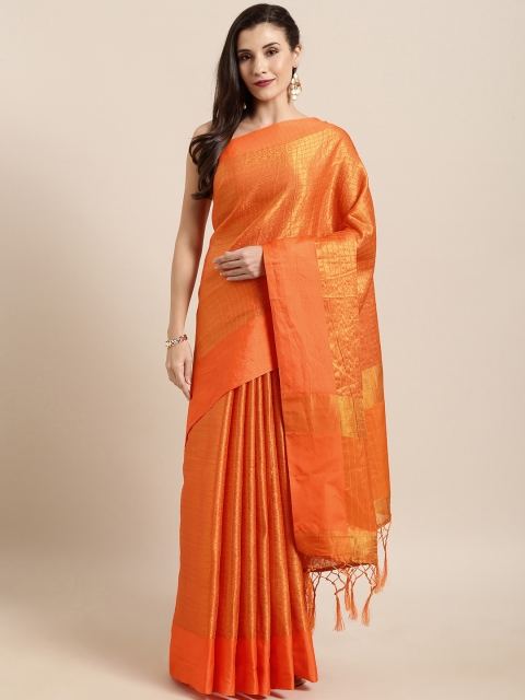

GoSriKi Orange Silk Blend Checked Tussar Saree