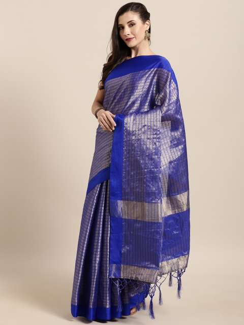 

GoSriKi Blue & Silver-Toned Silk Blend Checked Tussar Saree