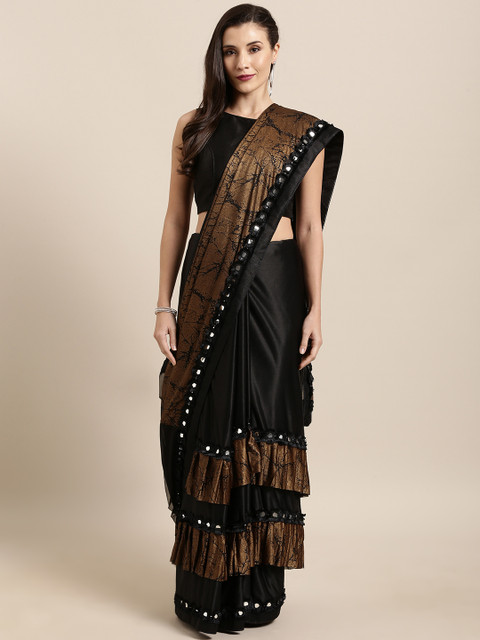 

GoSriKi Black & Brown Silk Blend Printed Ruffled Saree with Mirror Work