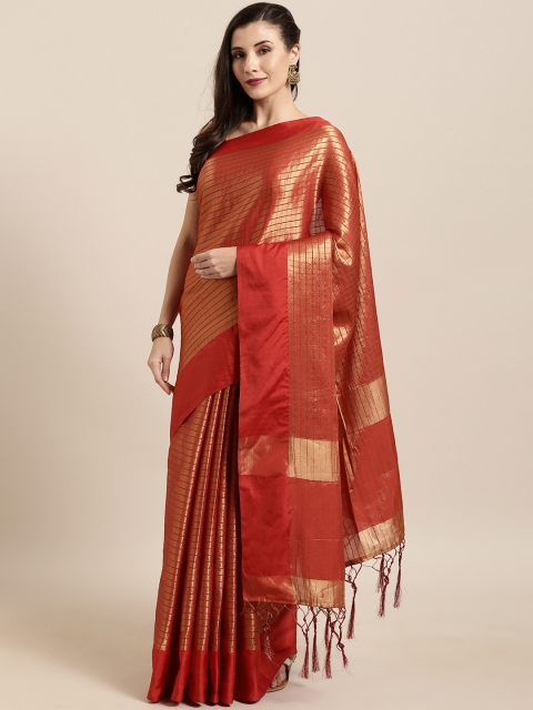 

GoSriKi Red & Golden Silk Blend Checked Tussar Saree