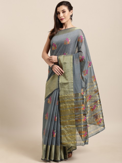 

GoSriKi Grey & Golden Silk Blend Woven Design Kanjeevaram Saree