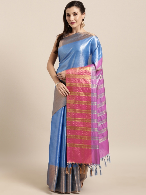 

GoSriKi Blue Art Silk Solid Tussar Saree