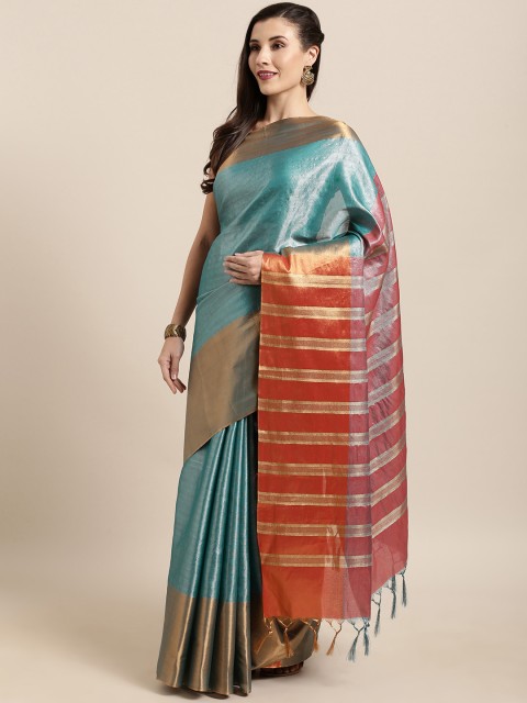

GoSriKi Teal Green Art Silk Solid Tussar Saree