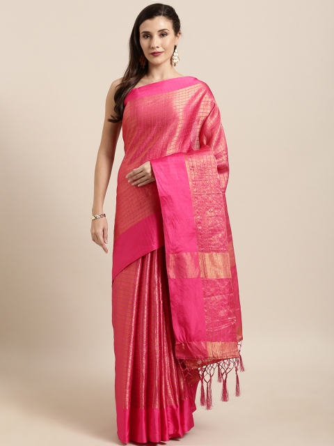 

GoSriKi Pink & Golden Silk Blend Checked Tussar Saree