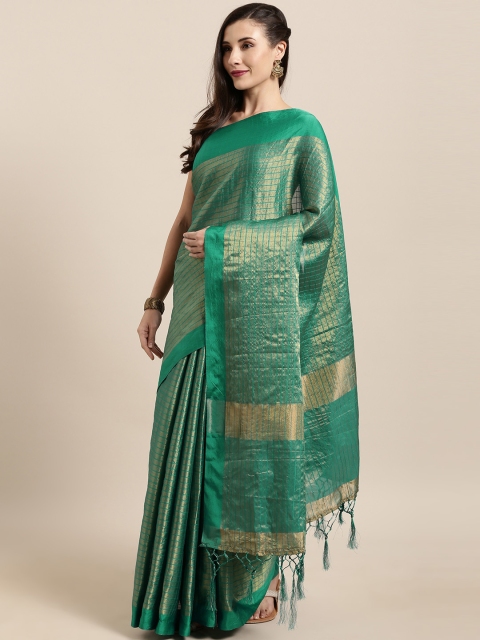 

GoSriKi Green & Gold-Toned Silk Blend Checked Tussar Saree