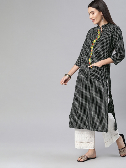 

Shakumbhari Women Black & White Checked Straight Kurta With Embroidered Detail