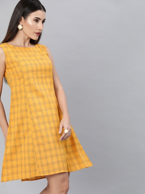 

Shakumbhari Women Mustard Yellow & Blue Checked A-Line Dress