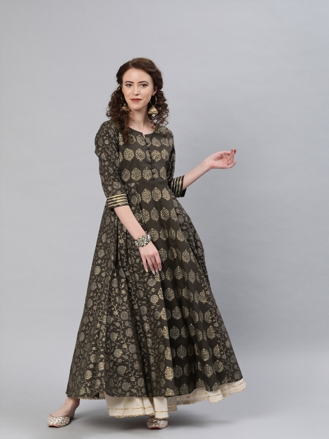 

Shakumbhari Women Brown & Gold-Coloured Handblock Print Anarkali Kurta