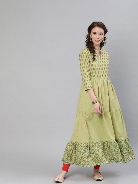 

Shakumbhari Women Green Hand Block Printed Anarkali Kurta