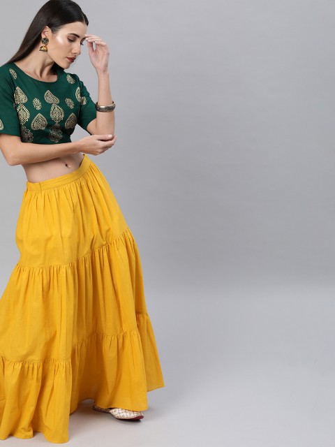 

Shakumbhari Women Yellow & Green Block Printed Top with Skirt