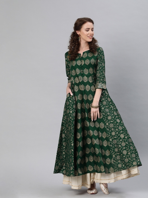 

Shakumbhari Women Green & Gold-Coloured Hand Block Printed Anarkali Kurta