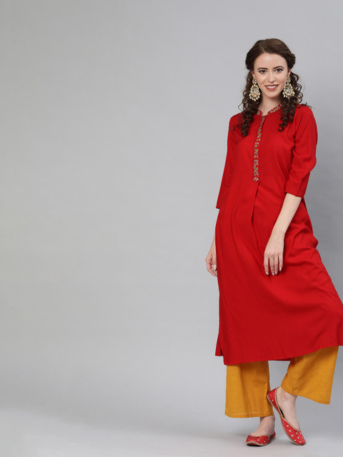 

Shakumbhari Women Red Solid Straight Kurta With Embroidered Detail