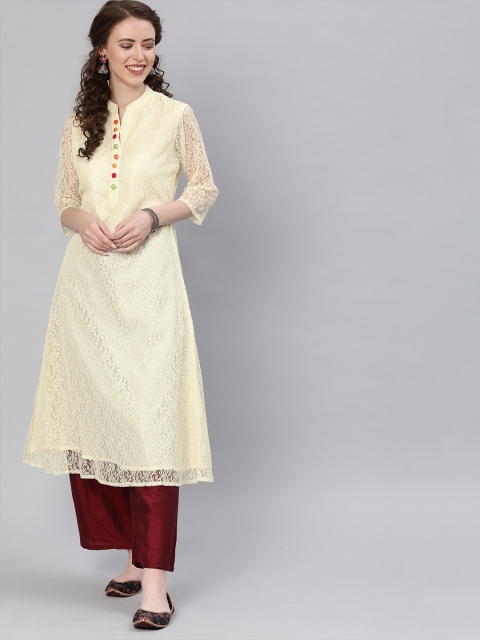 

Shakumbhari Women Cream-Coloured Net Woven Design A-Line Kurta