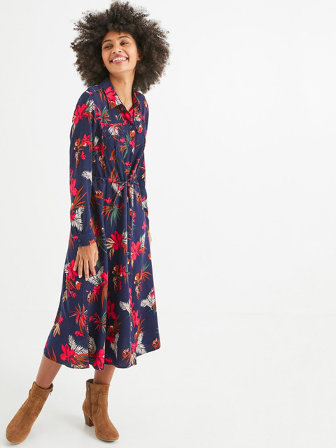 

promod Women Navy Blue & Pink Printed Shirt Dress