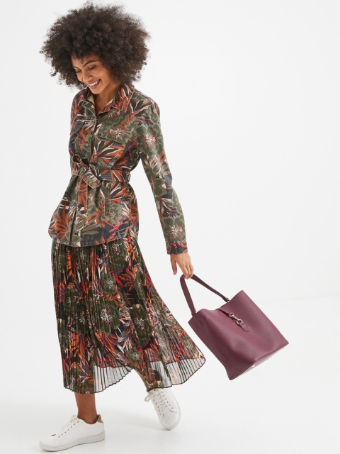 

promod Women Olive Green & Maroon Floral Print Accordion Pleated Midi A-Line Skirt