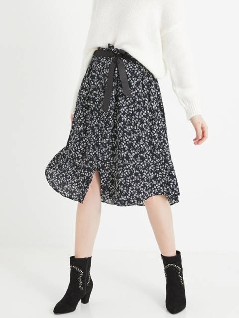 

promod Women Black & White Floral Print Midi A-Line Skirt