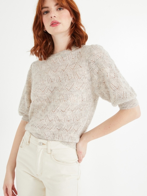 

promod Women Beige Self Design Pullover Sweater