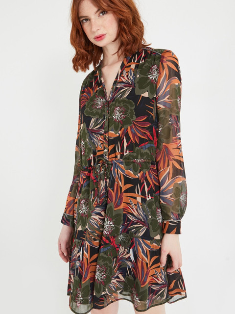 

promod Women Olive Green & Orange Printed A-Line Dress