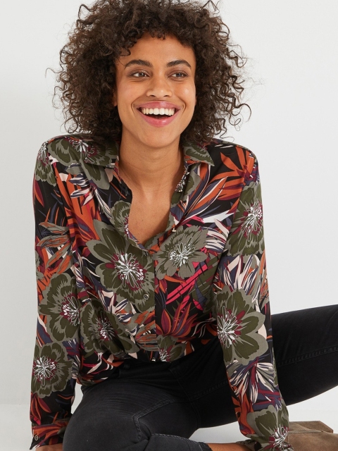 

promod Women Olive Green & Rust Orange Regular Fit Floral Print Casual Shirt