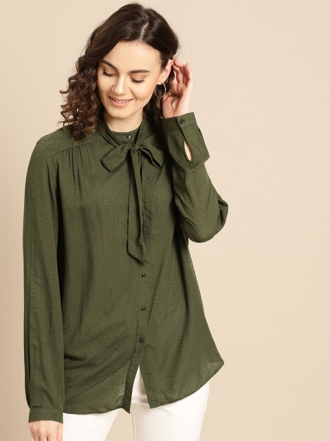 

promod Women Olive Green Regular Fit Self Design Casual Shirt
