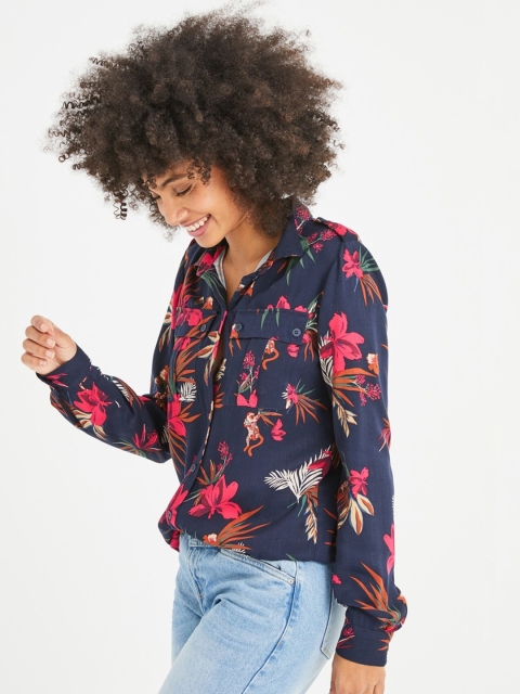 

promod Women Navy Blue & Pink Regular Fit Floral Print Casual Shirt