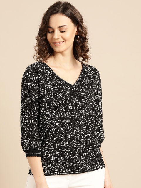 

promod Women Black & White Floral Print Top