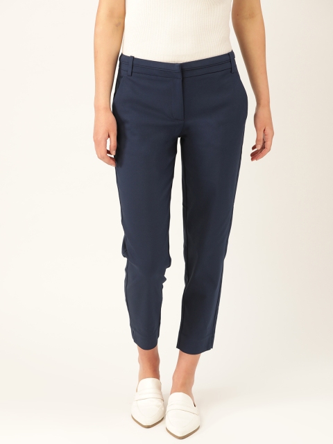 

promod Women Navy Blue Regular Fit Solid Cropped Trousers