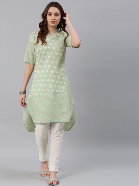 

breya Women Sea Green & Brown Striped Straight Kurta