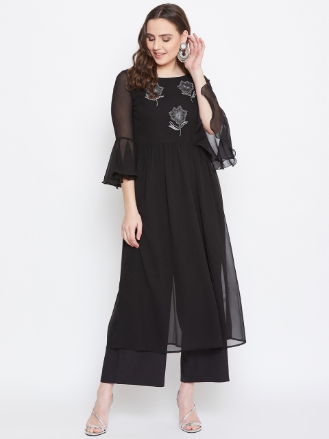 

Bitterlime Women Black Embroidered Kurta with Palazzos