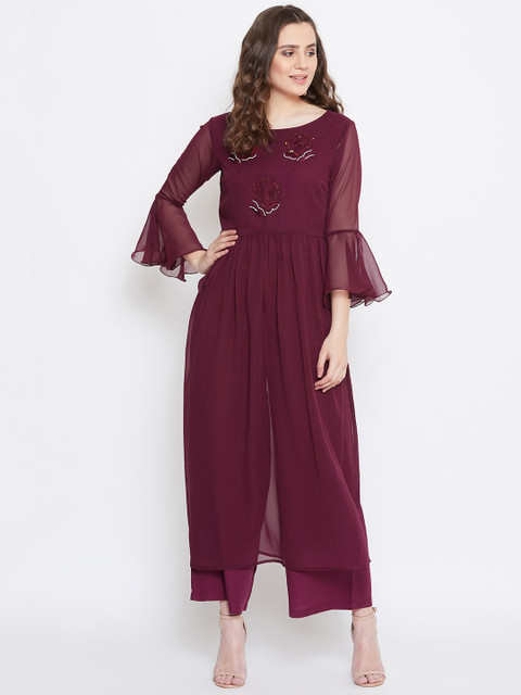 

Bitterlime Women Burgundy Embroidered Kurta with Palazzos