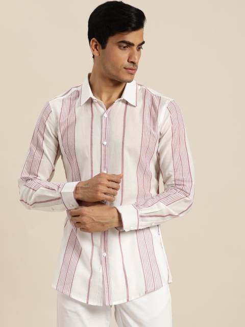 

Sangria Men White & Pink Slim Fit Striped Casual Shirt