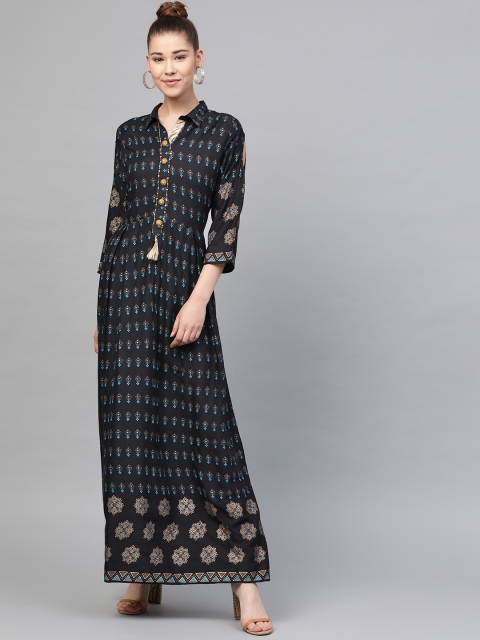 

Shree Women Black & Blue Printed Maxi Dress