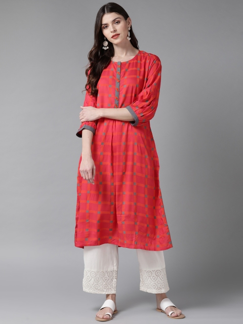 

Shree Women Coral Pink & Orange Checked Straight Kurta