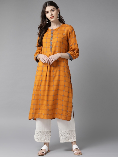 

Shree Women Mustard Yellow & Grey Checked Straight Kurta