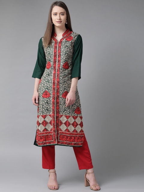 

Shree Women Green & Beige Embroidered Straight Kurta
