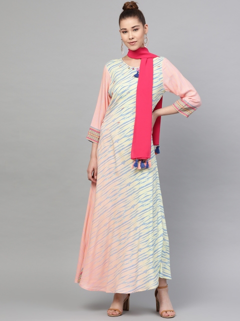 

Shree Women Pink & Blue Dyed Maxi Dress with Stole